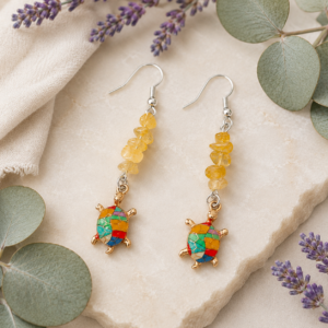 Citrine Earrings With Multi Turtle Charm