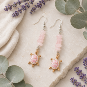 Rose Quartz Earrings With Floral Turtle Charm