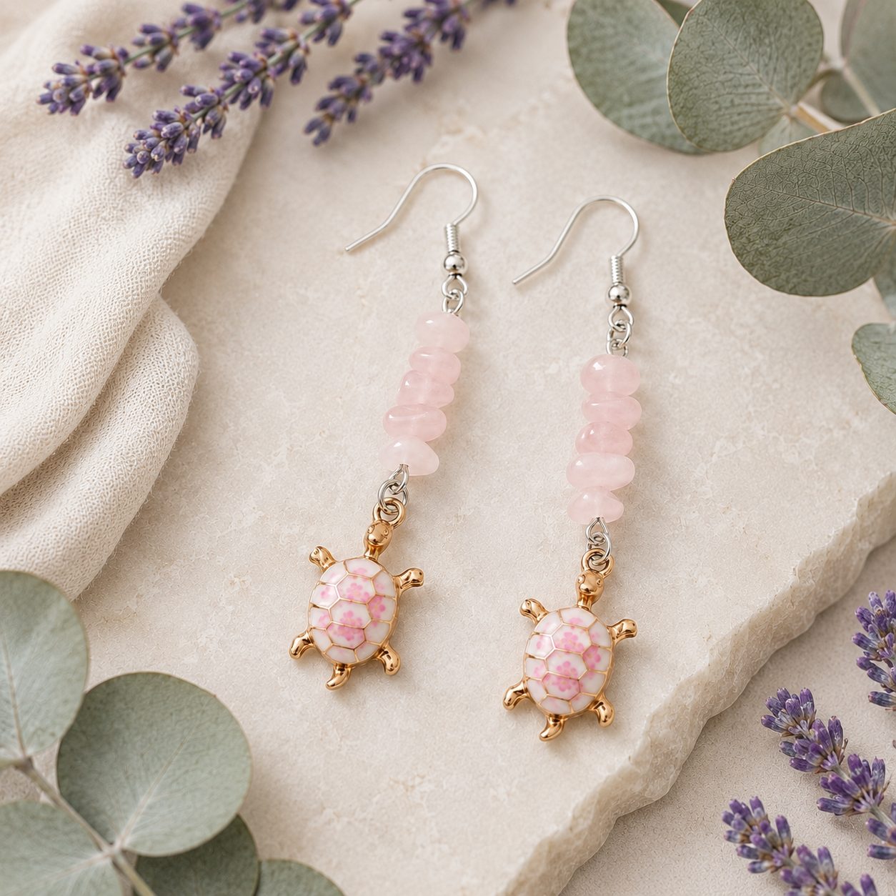 Rose Quartz Earrings With Floral Turtle Charm