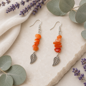 Carnelian Earrings with Leaf Charm