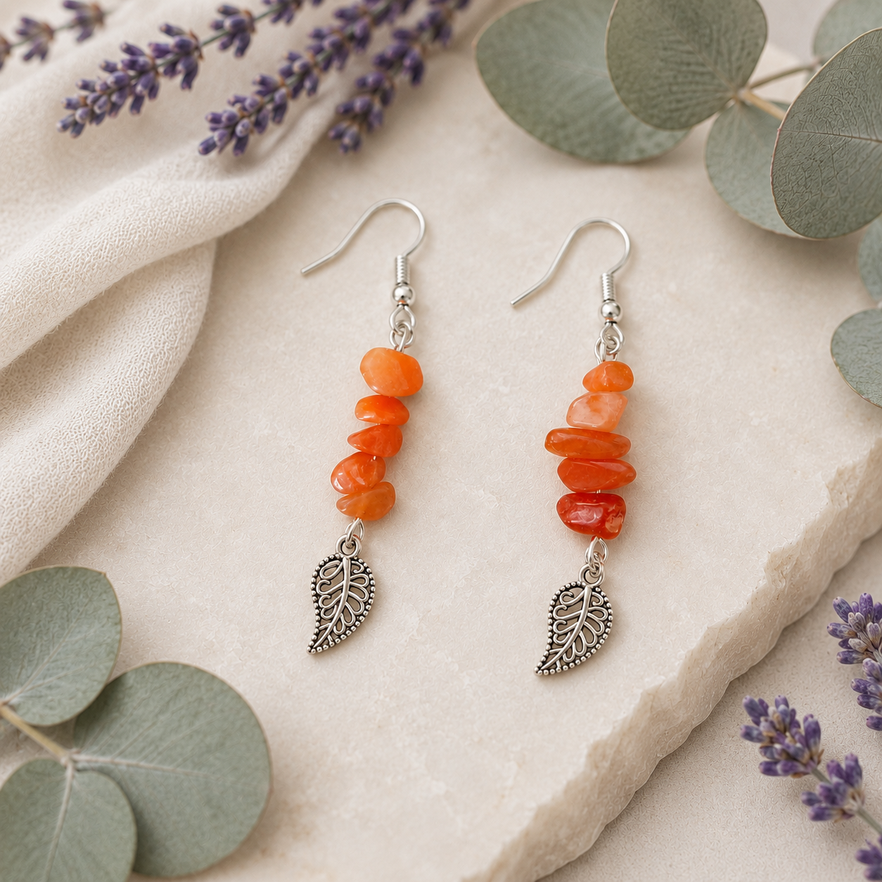 Carnelian Earrings with Leaf Charm