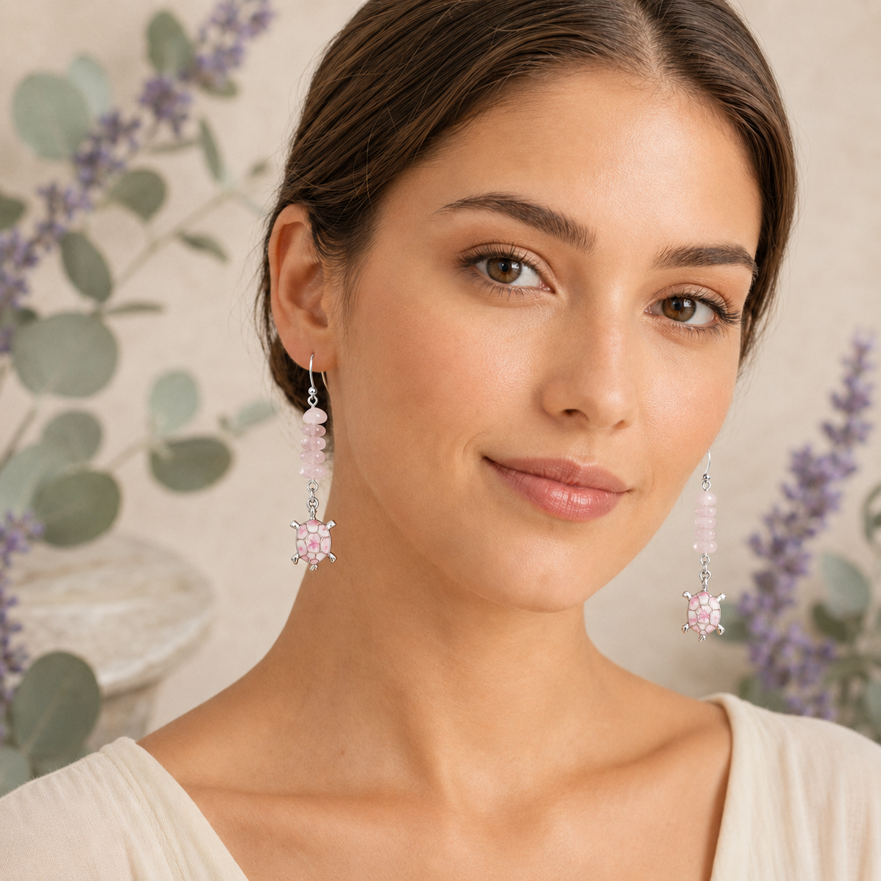 Rose Quartz Earrings With Floral Turtle Charm - Image 2
