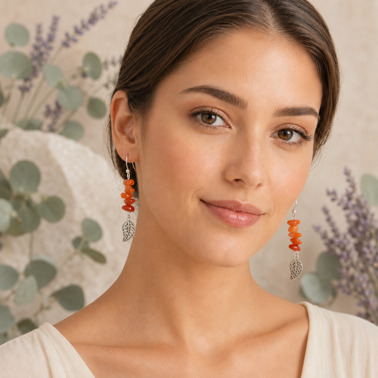Carnelian Earrings with Leaf Charm - Image 2