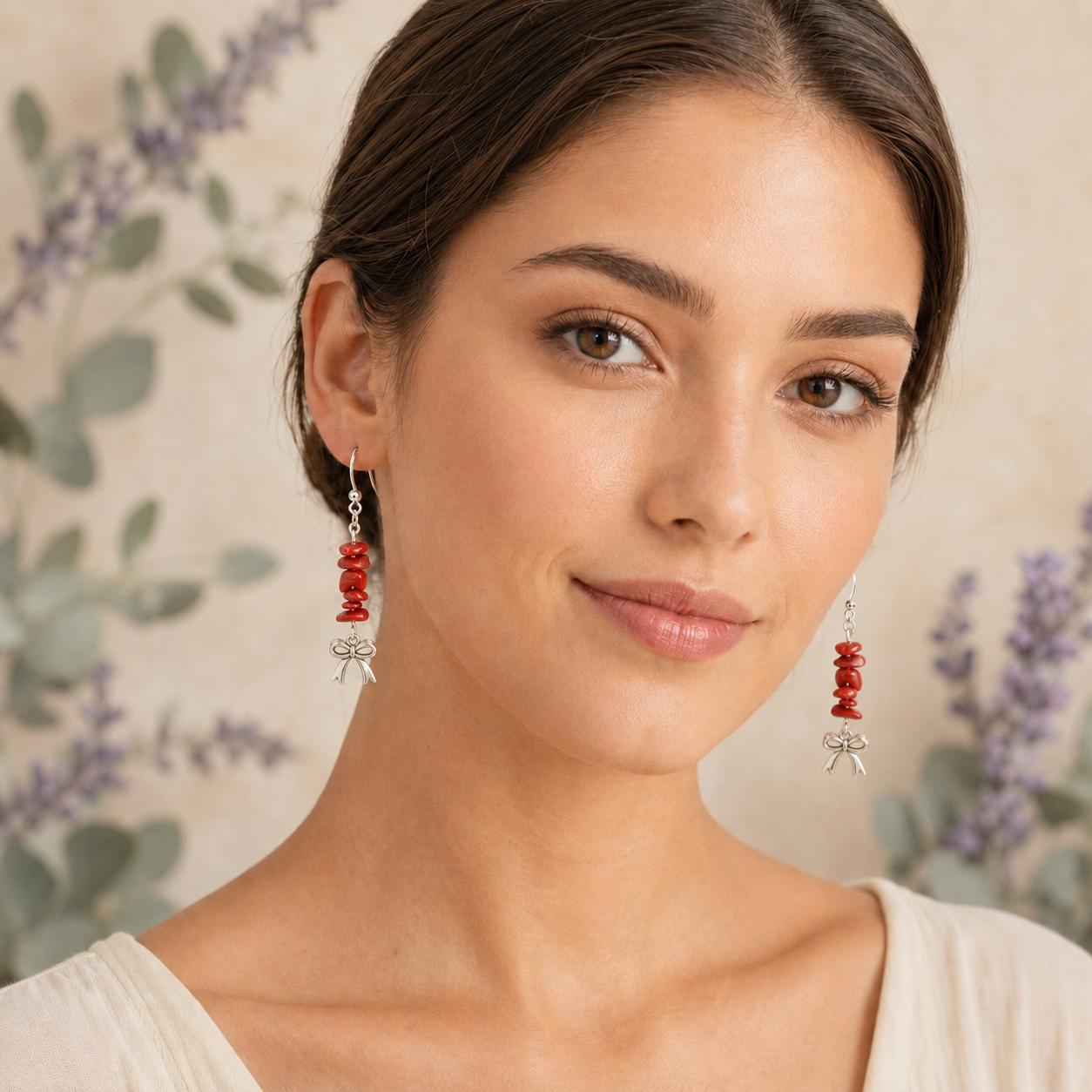 Red Jasper Earrings with Bow Charm - Image 2